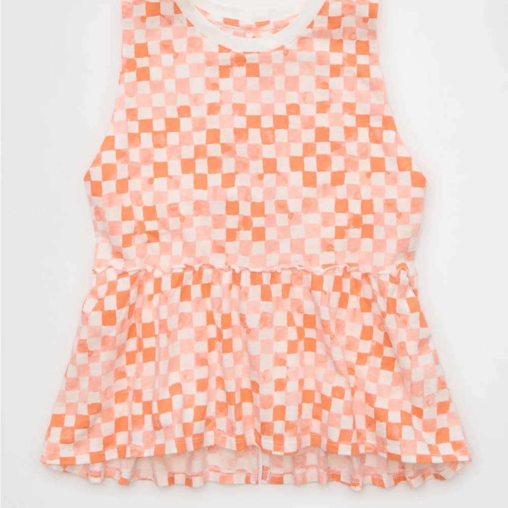 American Eagle Sleeveless Check Peplum Top - Pink & White